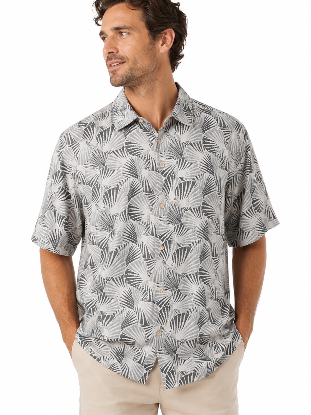 Tommy Bahama 100% Silk Hawaiian Camp Shirt Gray Palm Leaf Print XL